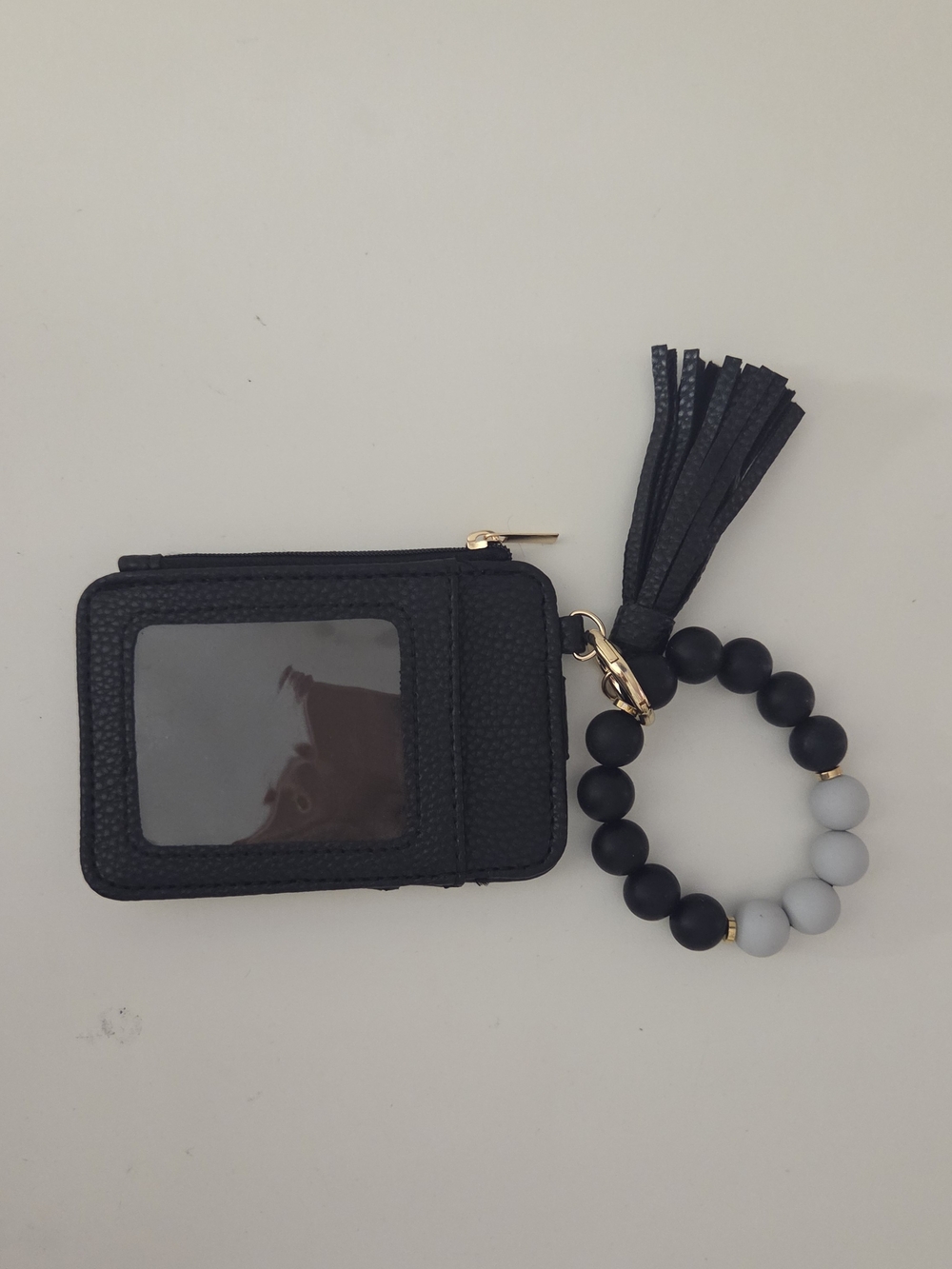 Black Tassel Card Holder Wristlet with Beaded Bracelet